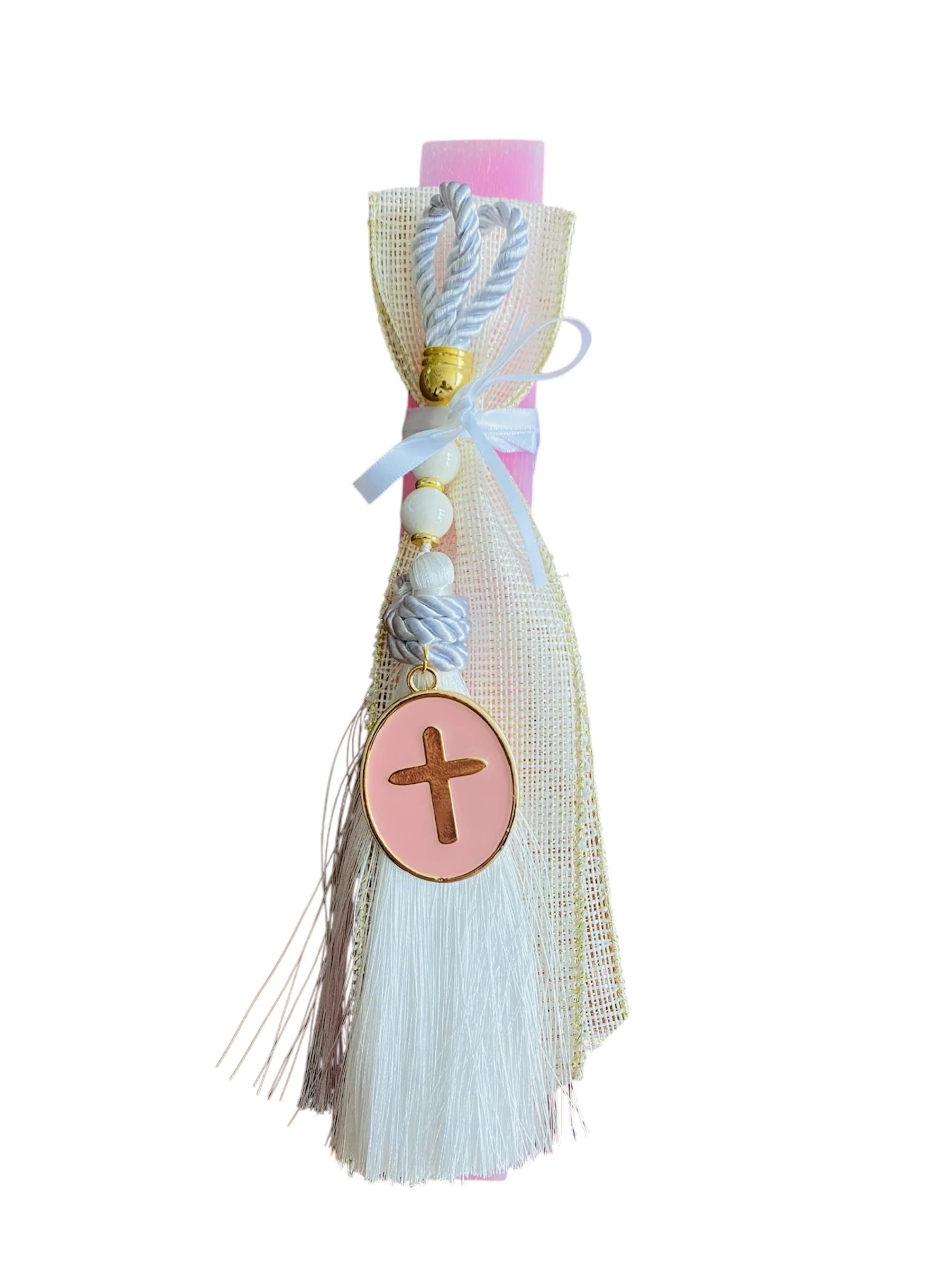 Candle - Pink  with White Lace and Cross