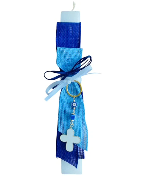 Candle - White with Blue Lace and Cross